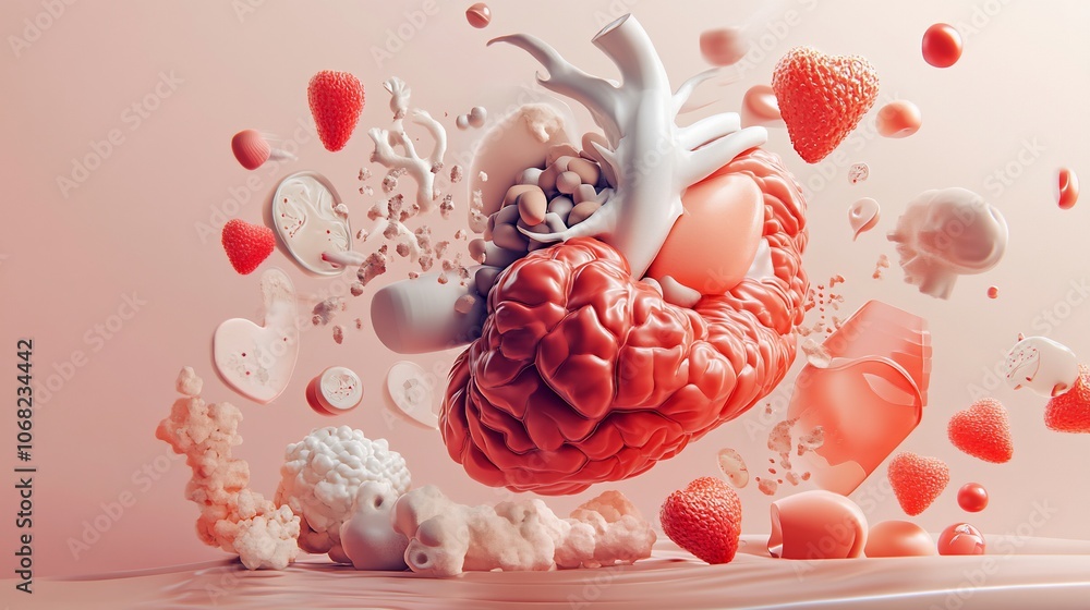 Aufkleber a 3d rendering of a human brain surrounded by various objects in pink and white hues, symbolizing th