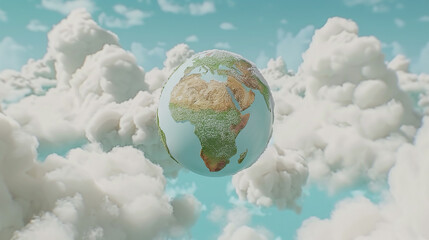 A 3D rendering of the Earth floating amidst fluffy white clouds against a blue sky.