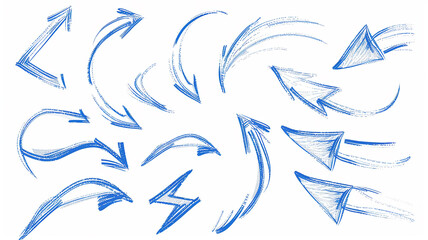 Obraz premium A set of variations of blue arrow guides on a white background