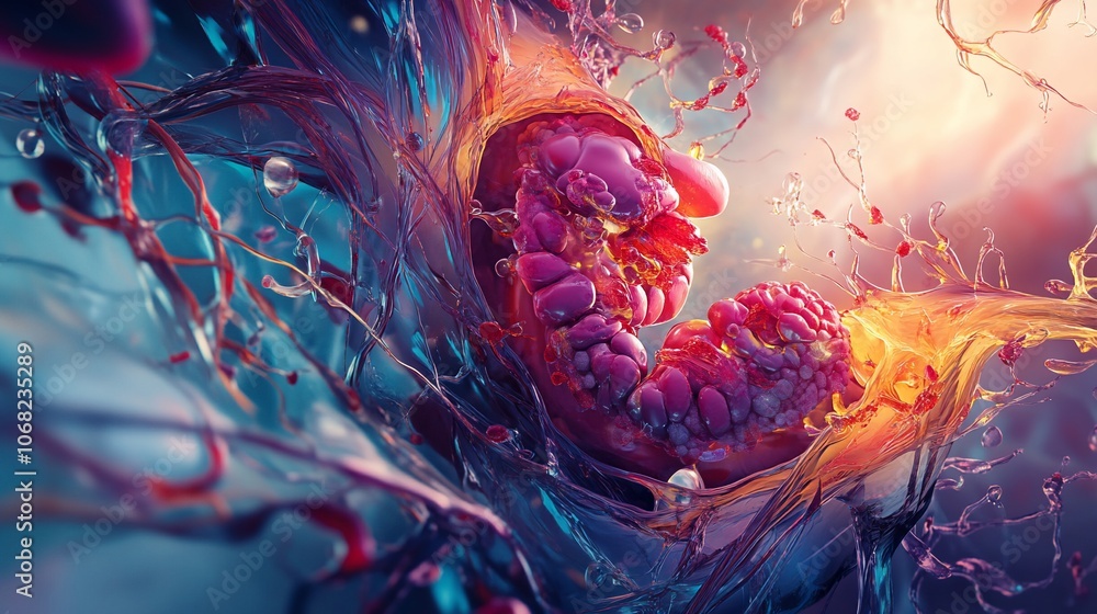 Poster abstract digital art of a colorful liquid splash with vibrant textures and dynamic movement.