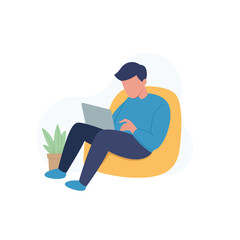 Men freelancer in trendy style working his project remote job from anywhere vector illustration