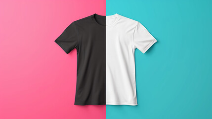 A black and white t-shirt on a pink and blue background.