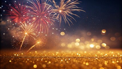 Obraz premium abstract gold glitter background with fireworks. christmas eve, new year and 4th of july holiday concept. 