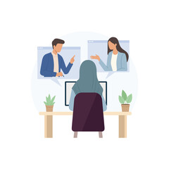 Woman in hijab in virtual meeting illustration. Remote working concept. Remote work from home or come to office. flexible workplace