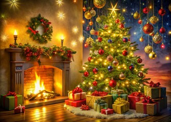 A Festive Christmas Scene Featuring a Beautifully Decorated Tree with Twinkling Lights and Colorful Gifts, Perfect for Holiday Greeting Cards and Winter Celebrations