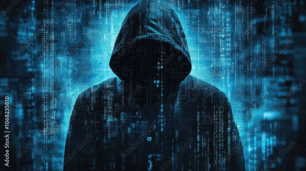 Poster a hooded figure stands in front of a blue background with a computer screen