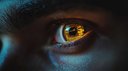 A close up of a person's eye with a yellow glow