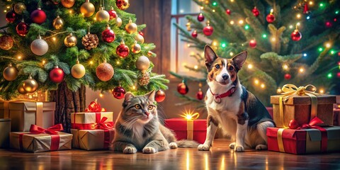 Obraz premium A Heartwarming Scene of a Dog and Cat Underneath a Christmas Tree Surrounded by Presents, Captured from Above in Stunning Drone Photography for a Festive Holiday Vibe