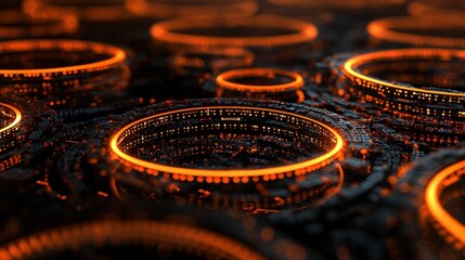 A close up of a series of glowing orange circles
