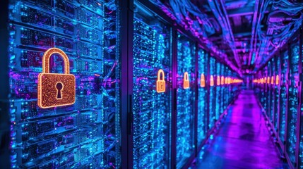 A row of computer servers with a glowing lock on each one