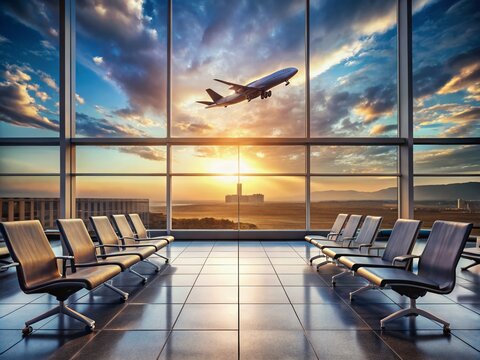 Airplane Taking Off Through Airport Terminal Window: Empty Waiting Lounge with Benches and Suitcases, Capturing the Moment of Departure with No Passengers at the Gate