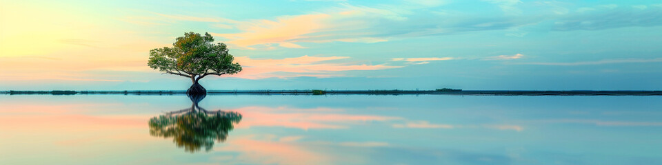 Fototapeta premium tree of life, reflection on water panorama, image with copyspace art