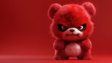 Fuzzy red bear-like creature with a fierce expression, standing in a red background. Stylized and vibrant depiction with bold contrasts and soft textures.