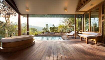 Cozy hotel spa interior with sink and lounger near pool, panoramic window