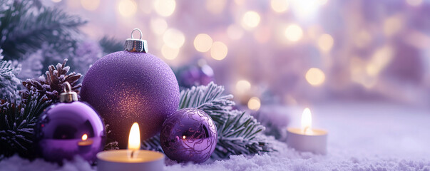 New Year and Christmas decorations, candles, balls and xmas tree on purple background, generated ai
