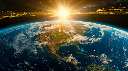 Obraz premium A bright sunrise illuminates the North American continent from space.