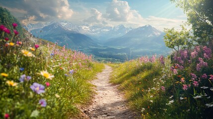 A winding dirt path leads through a lush meadow of wildflowers, with a stunning view of snow-capped mountains in the distance, under a bright blue sky.