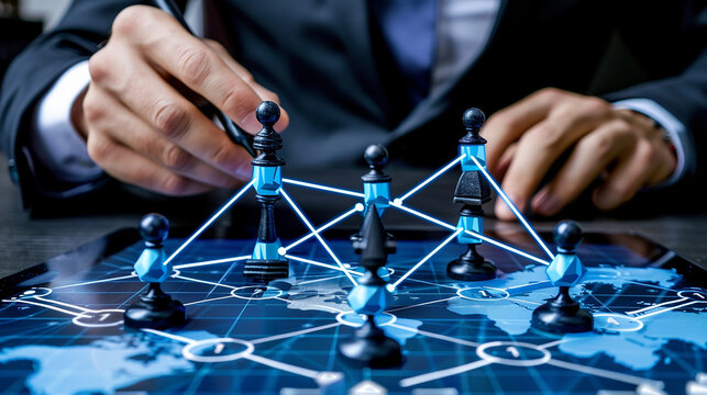 A businessman's hand moves a chess piece on a world map, representing strategic planning and global network connections.