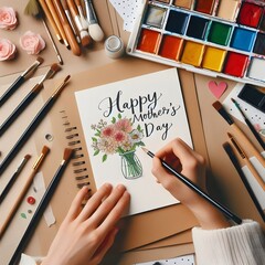 AI Generated of Hand writing Happy Mothers Day over sketchbook, art supplies around, flat lay, top view.