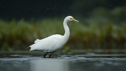 Fototapeta premium A solitary white bird wades through shallow water amidst a lush, green background.