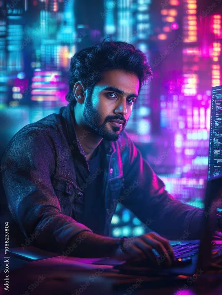 Poster this portrait depicts a handsome indian engineer working on a desktop computer in a technological of