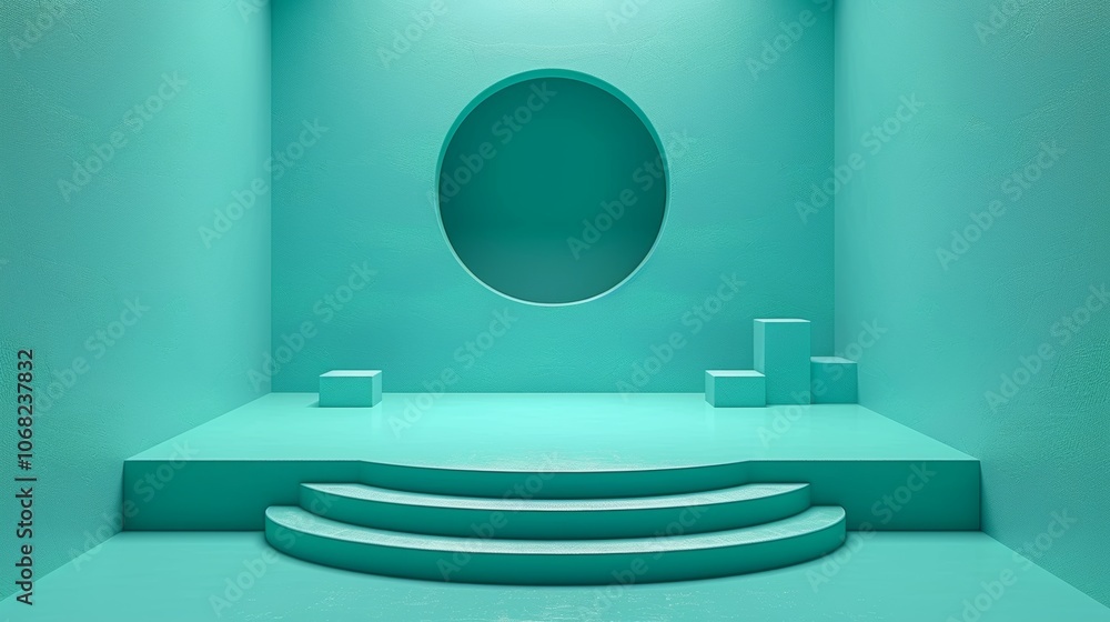 Poster a modern green podium set against a textured backdrop featuring circular and rectangular shapes, per