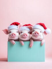 Three adorable little pigs wearing Santa hats, peeking out of a festive gift box, set against a soft pastel gradient background of pink and blue.