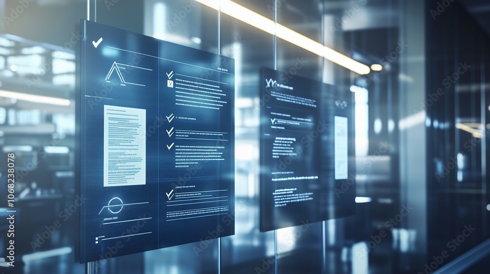 Poster modern office featuring digital displays of project plans and checklists in a well-lit environment