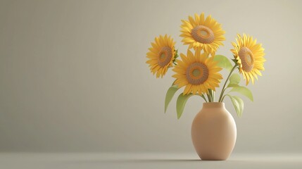 A simple vase holds vibrant sunflowers, showcasing their bright yellow petals against a soft, neutral background.