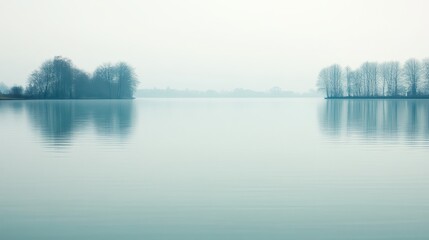 Fototapeta premium A serene lake scene with misty surroundings and reflective water, evoking tranquility and calmness.