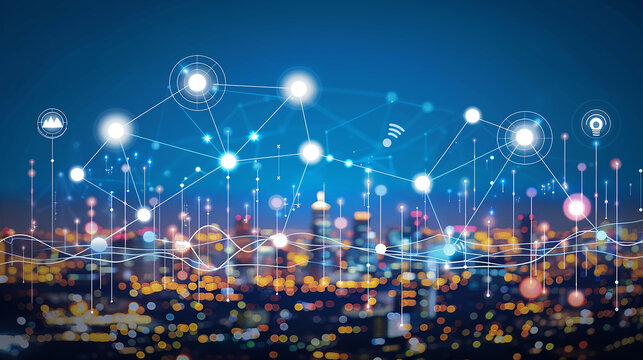 A cityscape at night with glowing lines and circles representing a network of connected devices and the internet of things. - Powered by Adobe