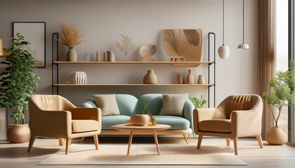 Home living room interior with two armchairs and couch, shelf with decoration