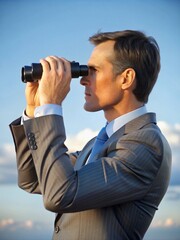 Businessman looking at the horizon with binoculars