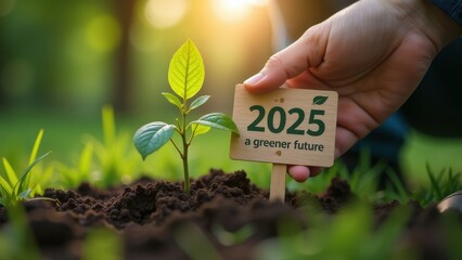 A hand plants a small tree seedling in soil, with a sign reading "2025: A Greener Future." The image signifies commitment to environmental goals for the coming year