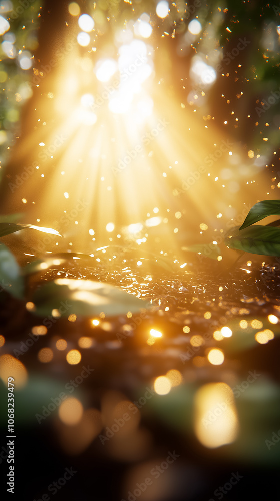 Poster sunlight streams through foliage, casting warm rays and illuminating dewdrops in a tranquil forest s