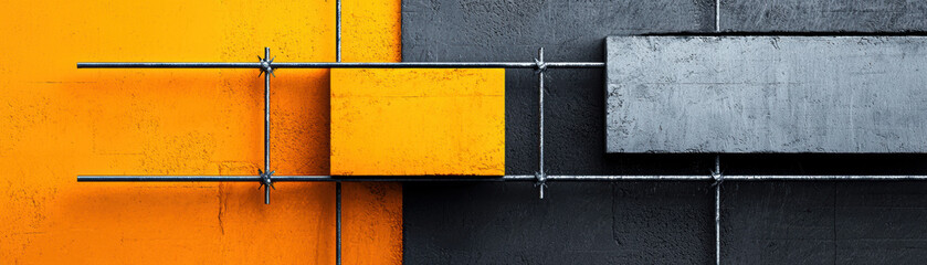 A vibrant abstract composition featuring geometric shapes in orange, black, and gray, combined with metallic elements, creating a modern, industrial aesthetic.