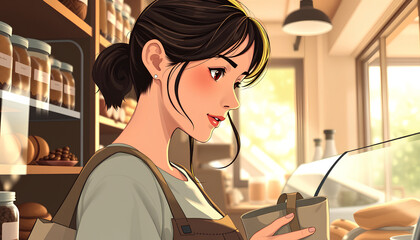 A shopper selecting items from a grocery store A captivating illustration of a young woman choosing coffee beans in a cozy coffee shop, her warm smile reflecting the inviting atmosphere.
