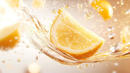 A vibrant lemon slice is immersed in water, generating droplets and a lively atmosphere of freshness