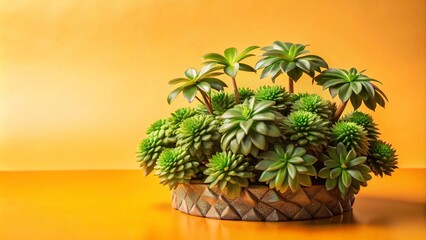A close-up of a succulent plant arrangement in a geometric pot on a yellow background.