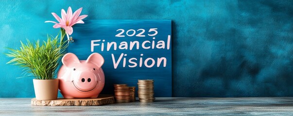 Piggy bank and plant representing financial vision for 2025.