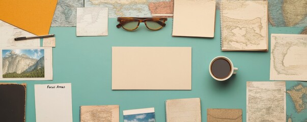 Office desk with stationery, coffee, and travel maps.