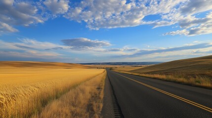 Fototapeta premium A winding road stretches through golden wheat fields under a vast blue sky in rural landscape during late afternoon light