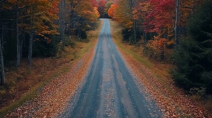 Fototapeta premium An aerial view of a winding road through a forest with vibrant autumn foliage. The road is lined with tall trees in various shades of red, orange, and yellow.
