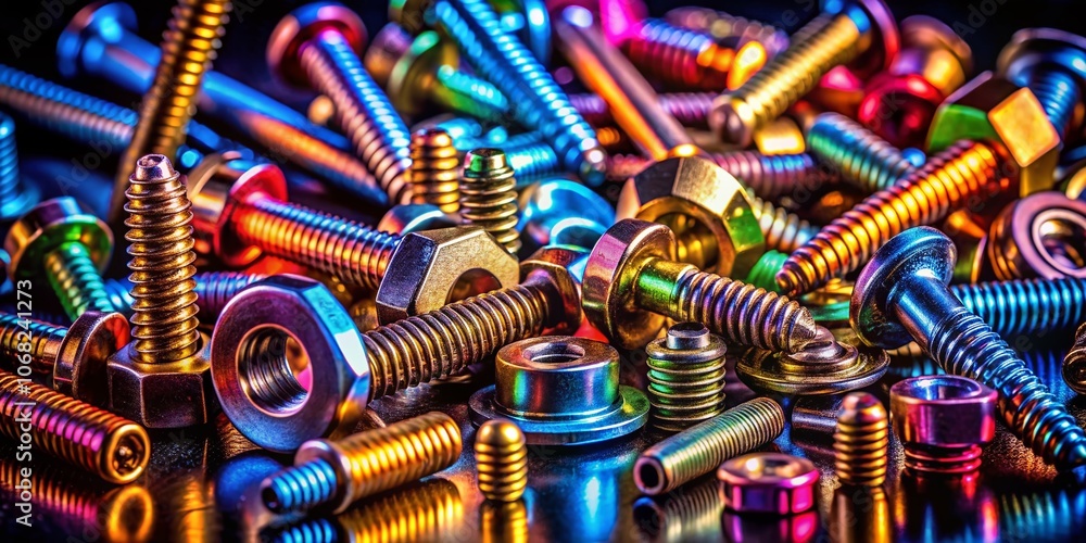 Poster assorted screws and fasteners in low light: a unique perspective from above and side view for tools 
