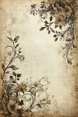 A delicate vintage paper with floral borders in sepia tones, featuring detailed flower illustrations and foliage, creating an elegant and antique Victorian-inspired background