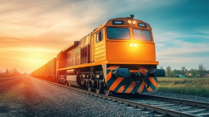 Obraz premium Locomotive Chugging Through Rural Countryside at Sunset