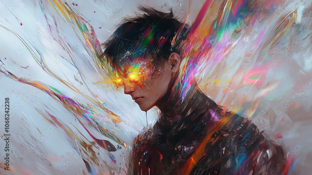 Poster a vibrant abstract portrait of a figure with glowing eyes and colorful patterns, exploring emotional