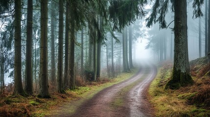 Fototapeta premium A misty forest path winding through tall tree, creating a serene and tranquil atmosphere.