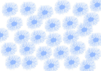 Background with decorative elements of blue color on white. Uneven circles from the center of which many thin curved lines emerge. The elements touch. Tenderness, softness, sensuality.