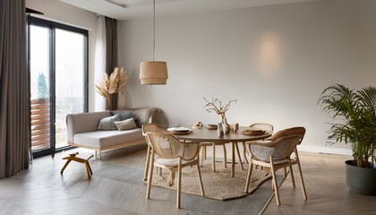 Modern home living room interior with chill and dining zone, mockup wall